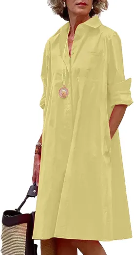 chouyatou Women's Spring Summer Button-Down Shirt Dress Loose A-Line Midi Shift Tunic Dress