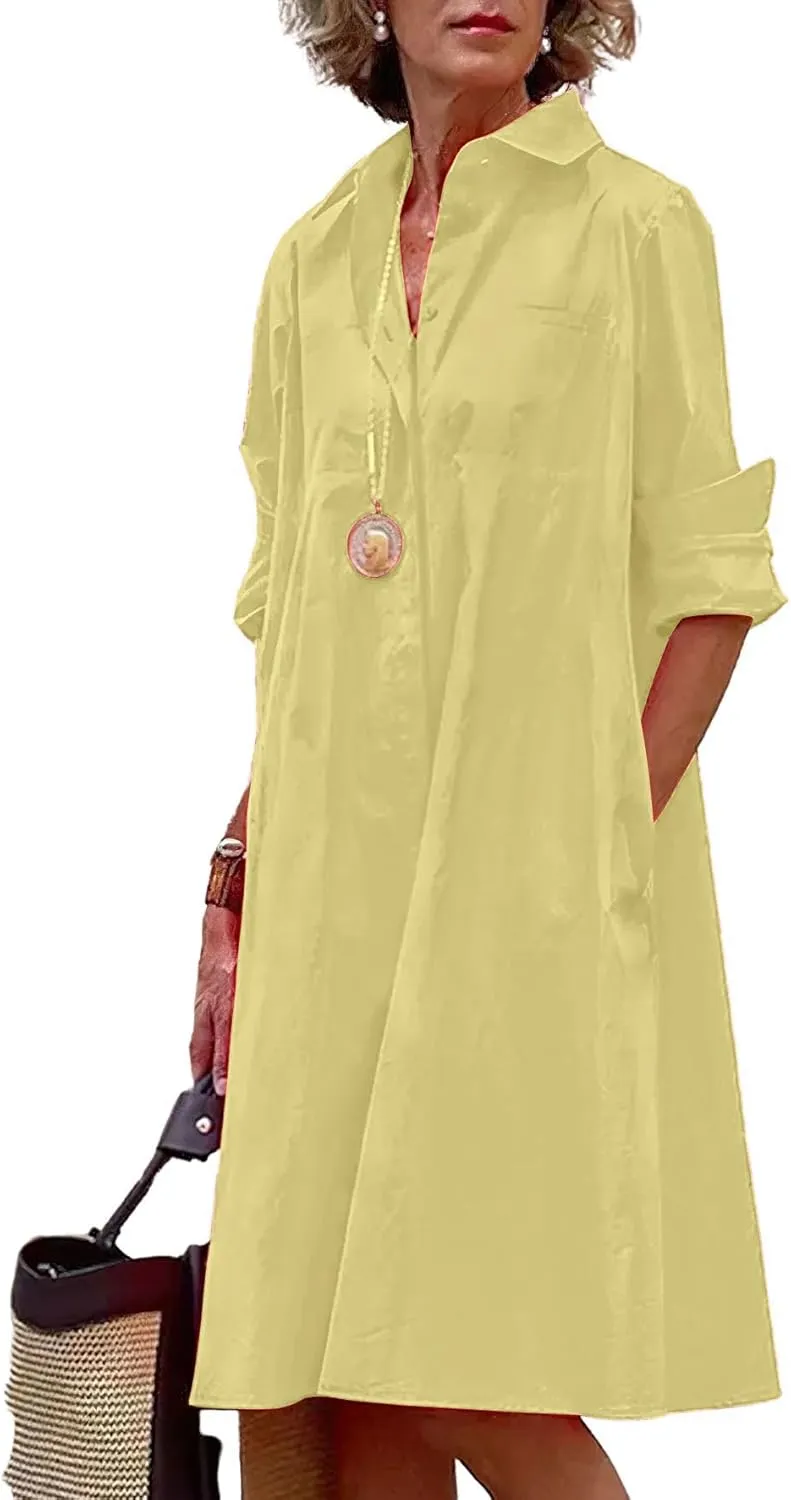 chouyatou Women's Spring Summer Button-Down Shirt Dress Loose A-Line Midi Shift Tunic Dress