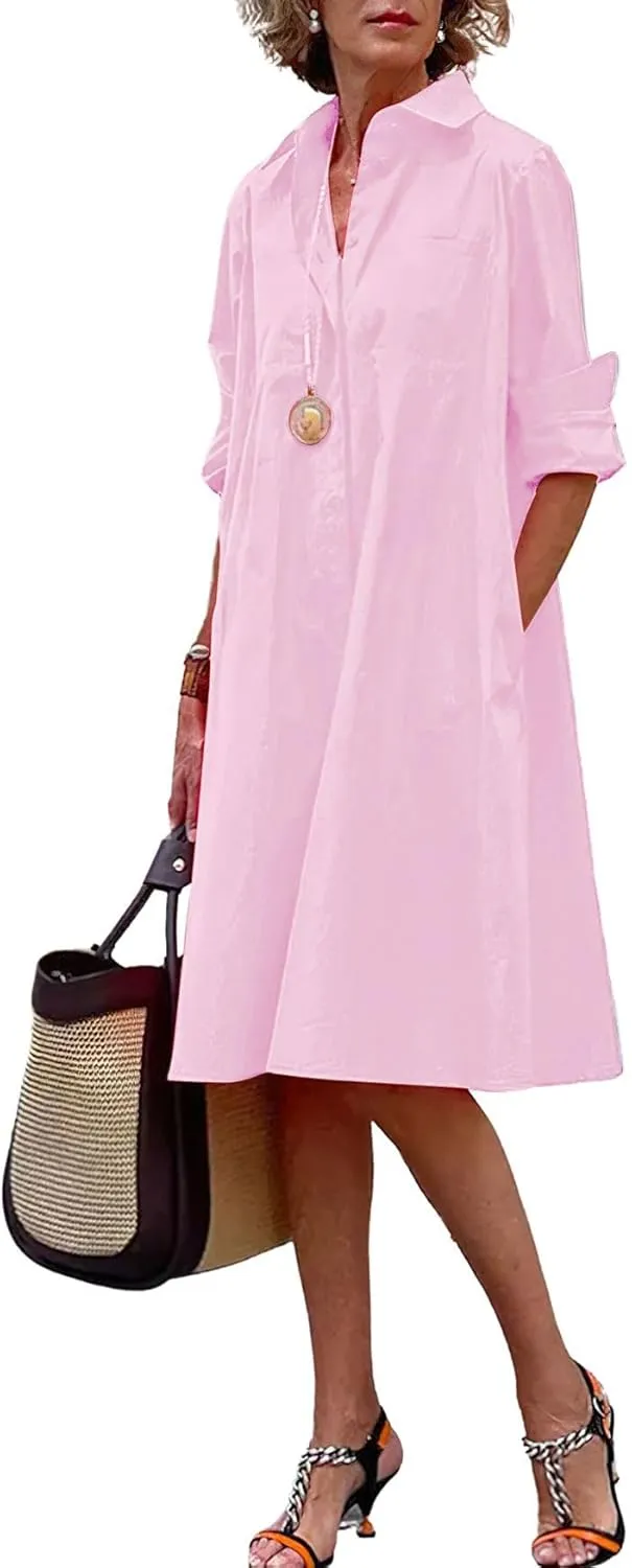 chouyatou Women's Spring Summer Button-Down Shirt Dress Loose A-Line Midi Shift Tunic Dress