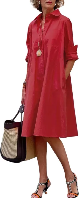 chouyatou Women's Spring Summer Button-Down Shirt Dress Loose A-Line Midi Shift Tunic Dress