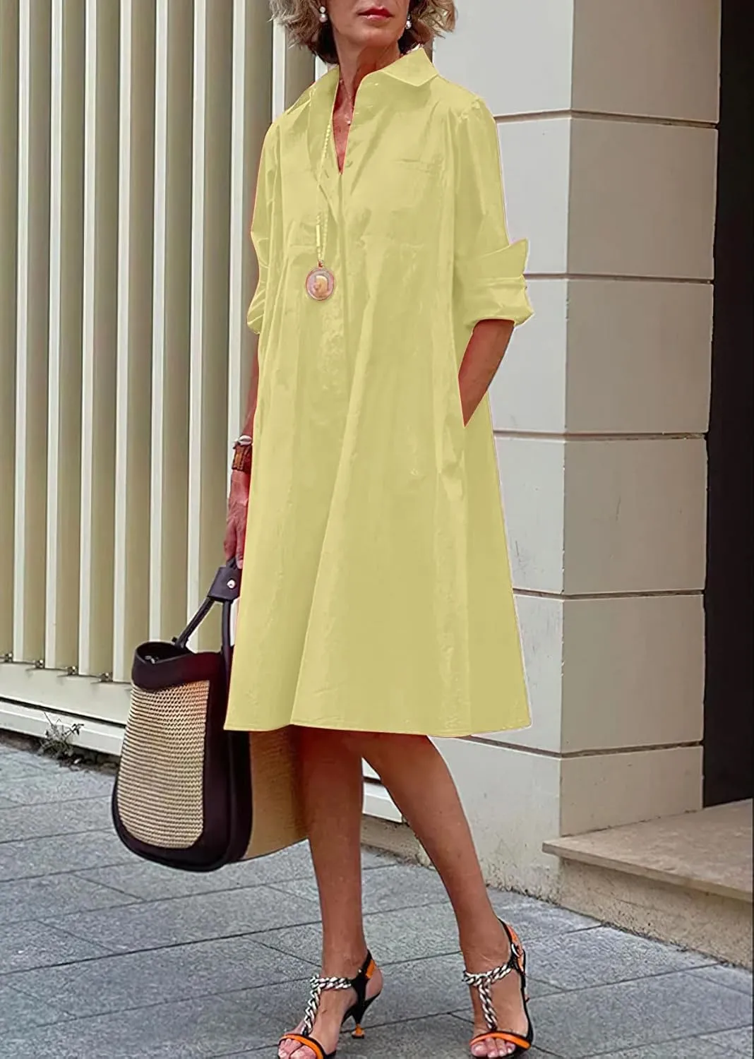 chouyatou Women's Spring Summer Button-Down Shirt Dress Loose A-Line Midi Shift Tunic Dress
