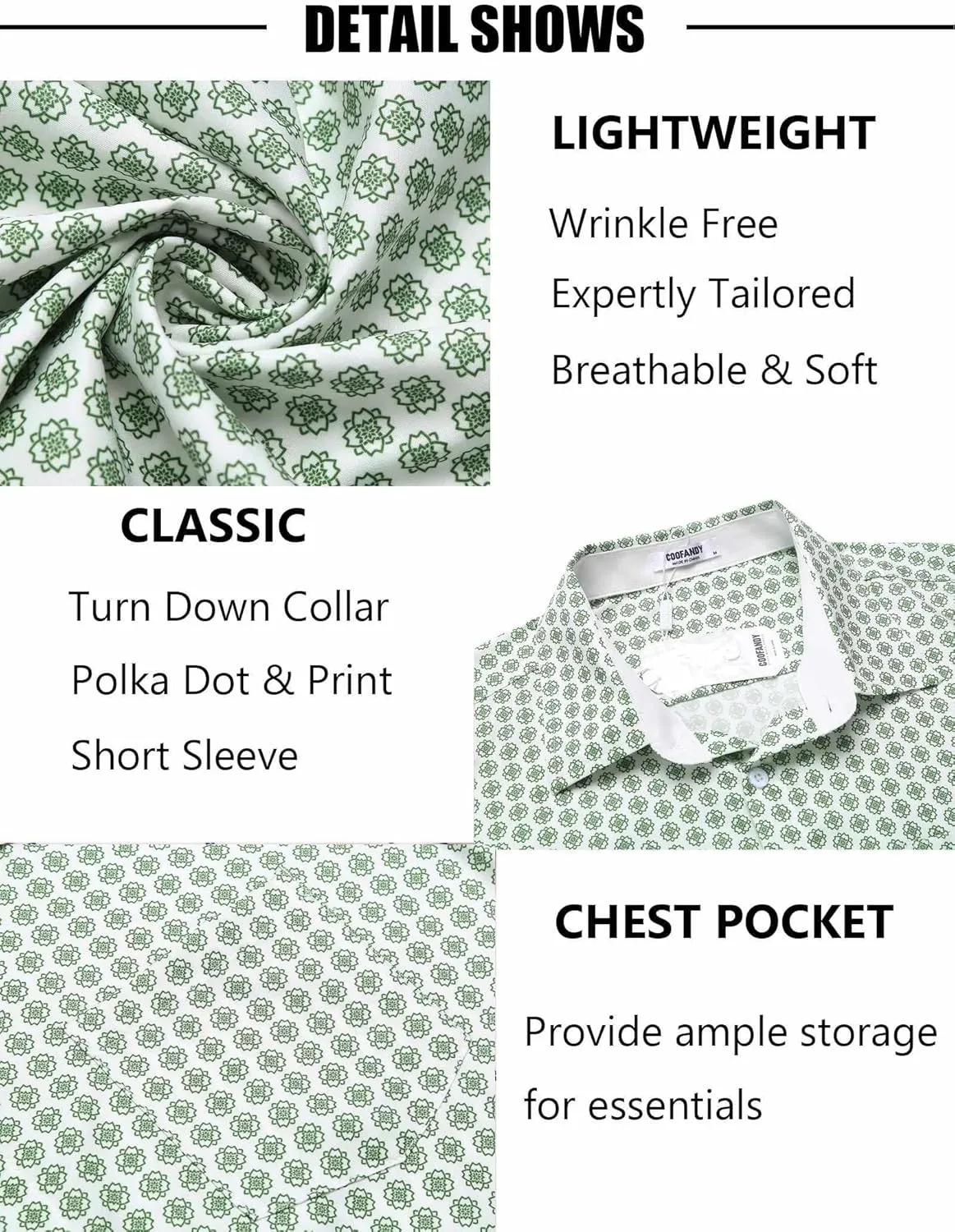 COOFANDY Mens Short Sleeve Button Down Shirts Wrinkle Free Dress Shirts Casual Polka Dot Print Shirt with Pocket