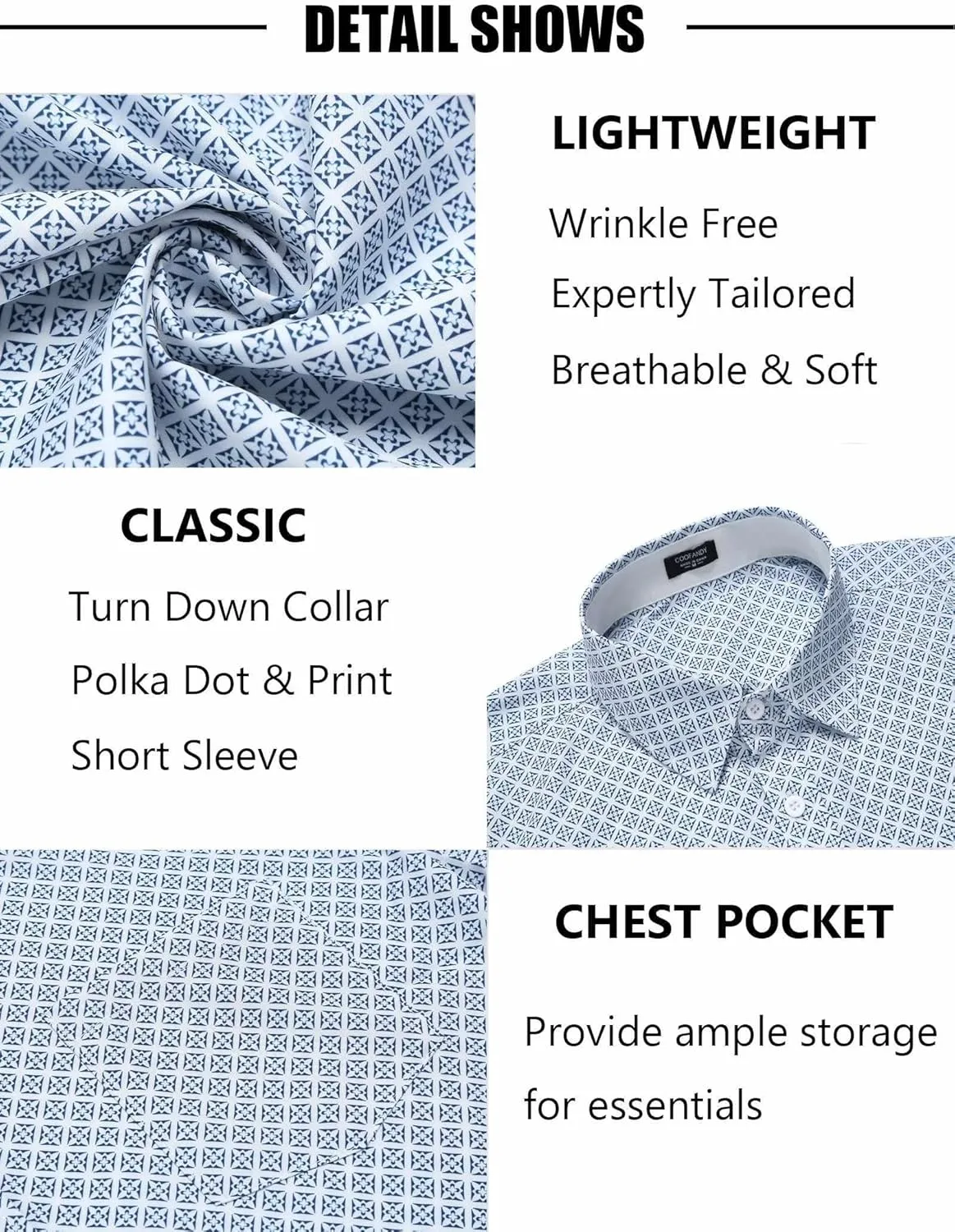 COOFANDY Mens Short Sleeve Button Down Shirts Wrinkle Free Dress Shirts Casual Polka Dot Print Shirt with Pocket