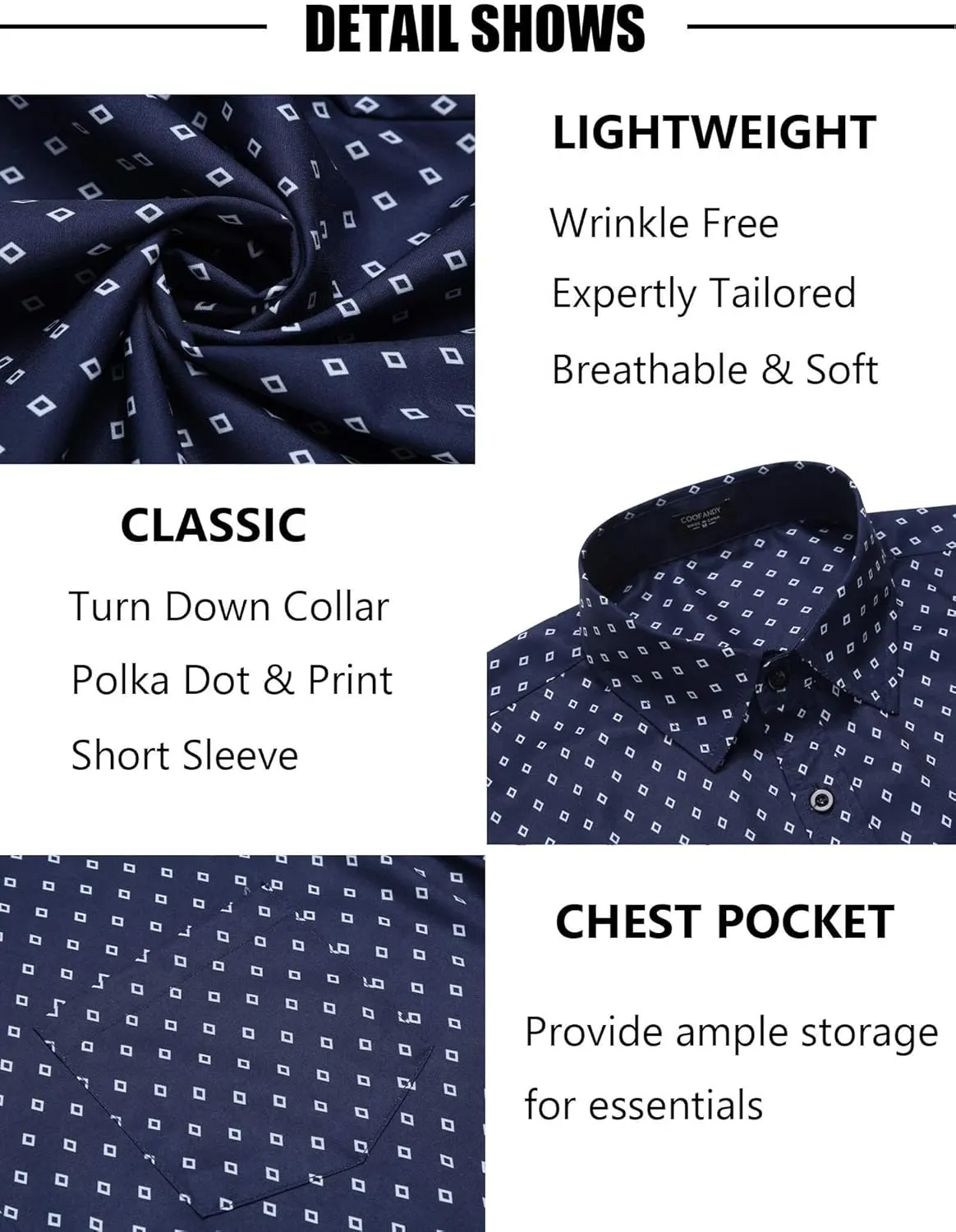 COOFANDY Mens Short Sleeve Button Down Shirts Wrinkle Free Dress Shirts Casual Polka Dot Print Shirt with Pocket
