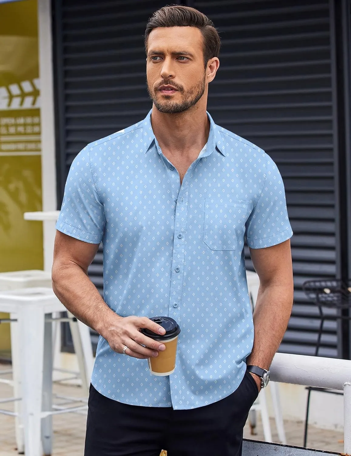 COOFANDY Mens Short Sleeve Button Down Shirts Wrinkle Free Dress Shirts Casual Polka Dot Print Shirt with Pocket