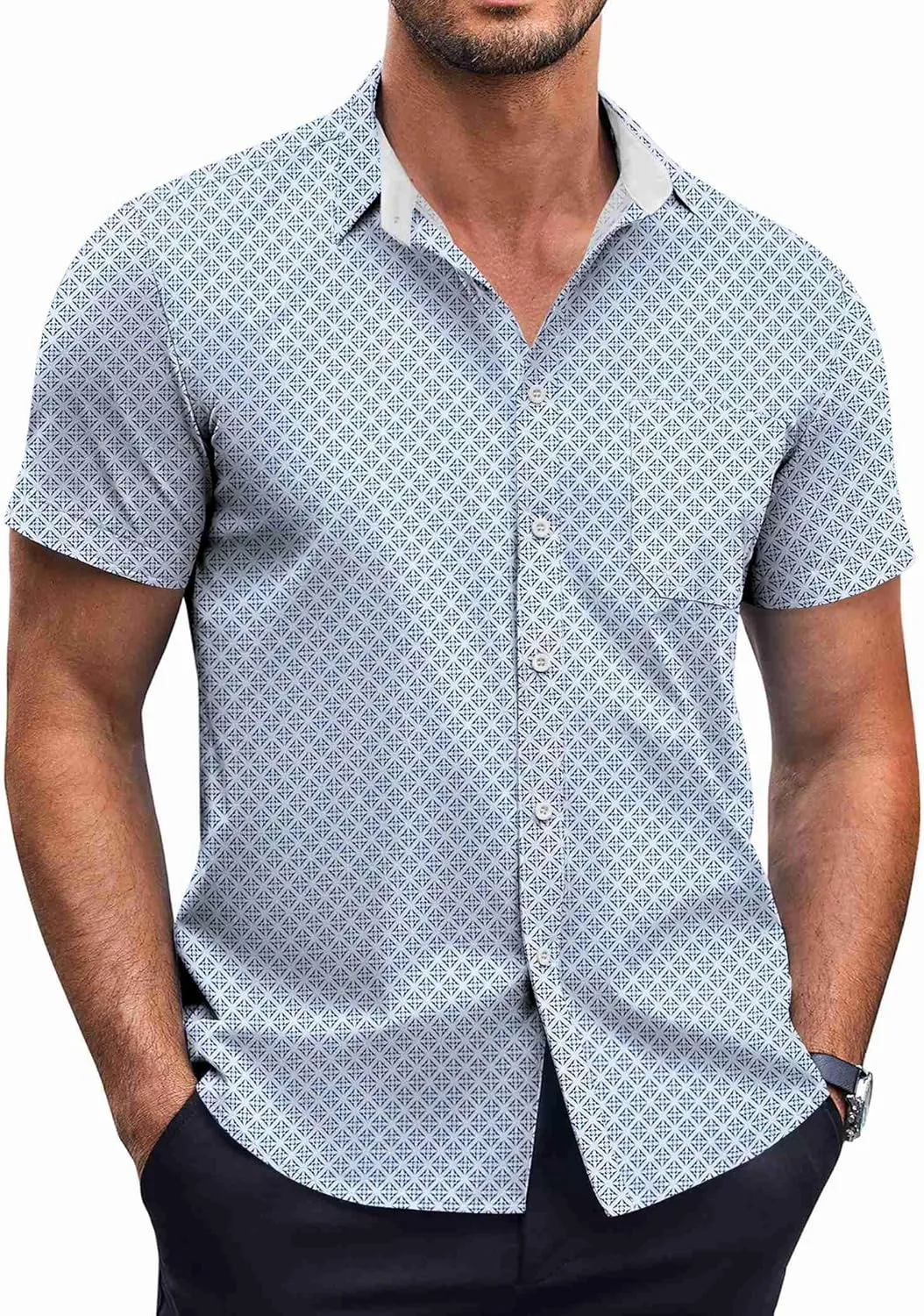 COOFANDY Mens Short Sleeve Button Down Shirts Wrinkle Free Dress Shirts Casual Polka Dot Print Shirt with Pocket
