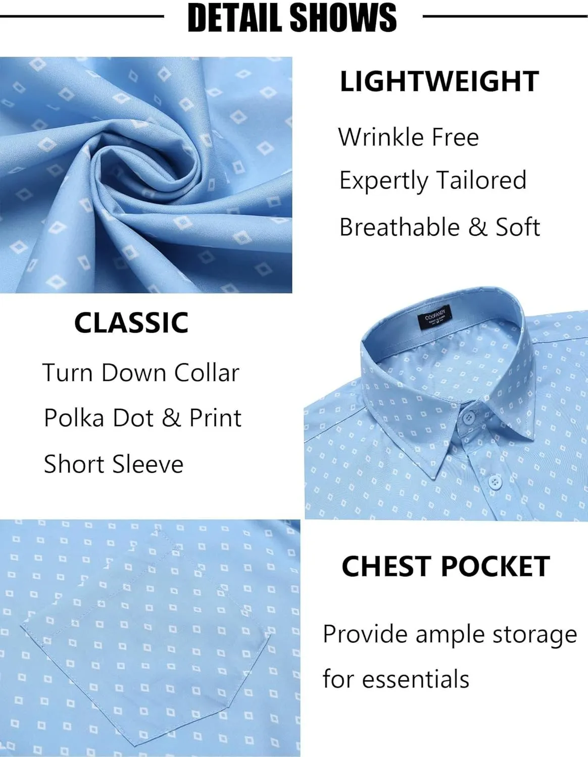 COOFANDY Mens Short Sleeve Button Down Shirts Wrinkle Free Dress Shirts Casual Polka Dot Print Shirt with Pocket