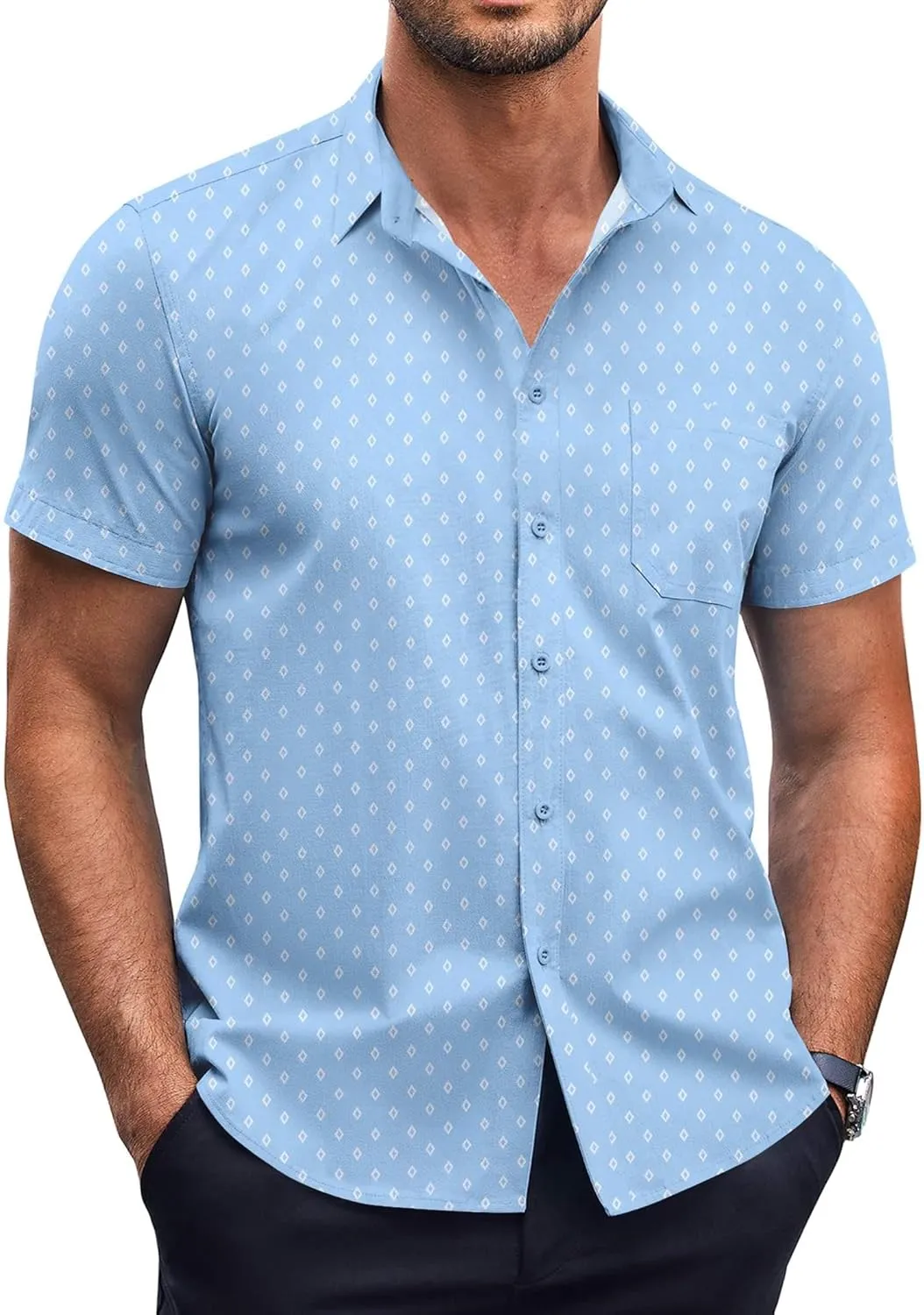 COOFANDY Mens Short Sleeve Button Down Shirts Wrinkle Free Dress Shirts Casual Polka Dot Print Shirt with Pocket