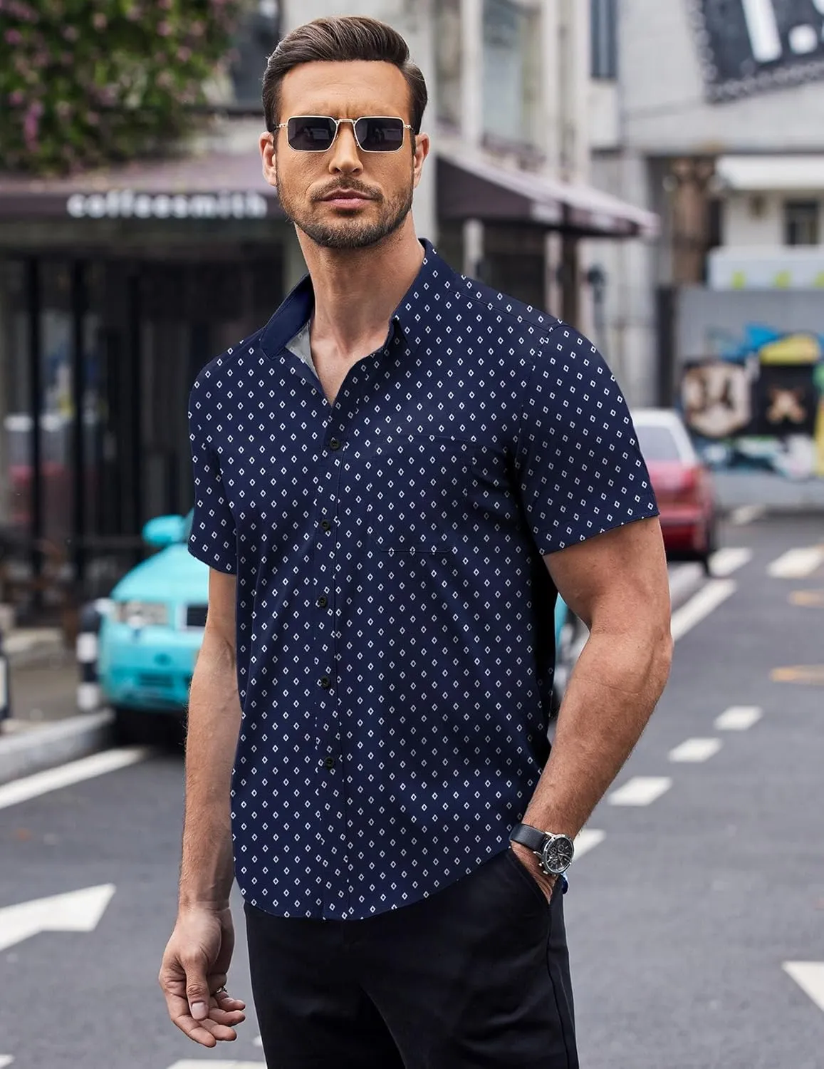 COOFANDY Mens Short Sleeve Button Down Shirts Wrinkle Free Dress Shirts Casual Polka Dot Print Shirt with Pocket