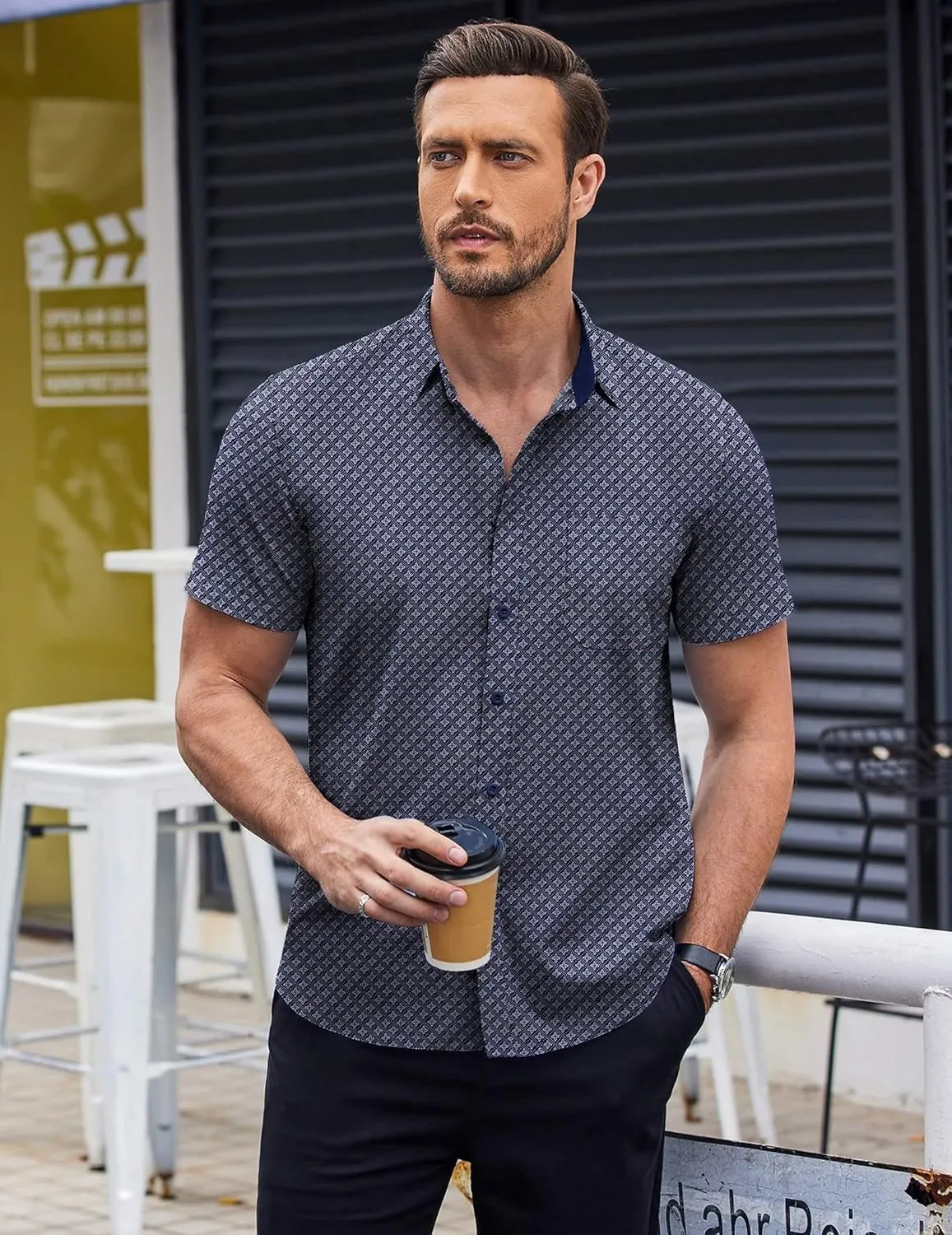 COOFANDY Mens Short Sleeve Button Down Shirts Wrinkle Free Dress Shirts Casual Polka Dot Print Shirt with Pocket