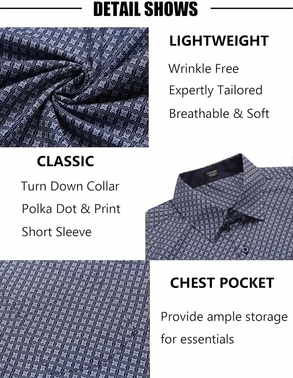 COOFANDY Mens Short Sleeve Button Down Shirts Wrinkle Free Dress Shirts Casual Polka Dot Print Shirt with Pocket
