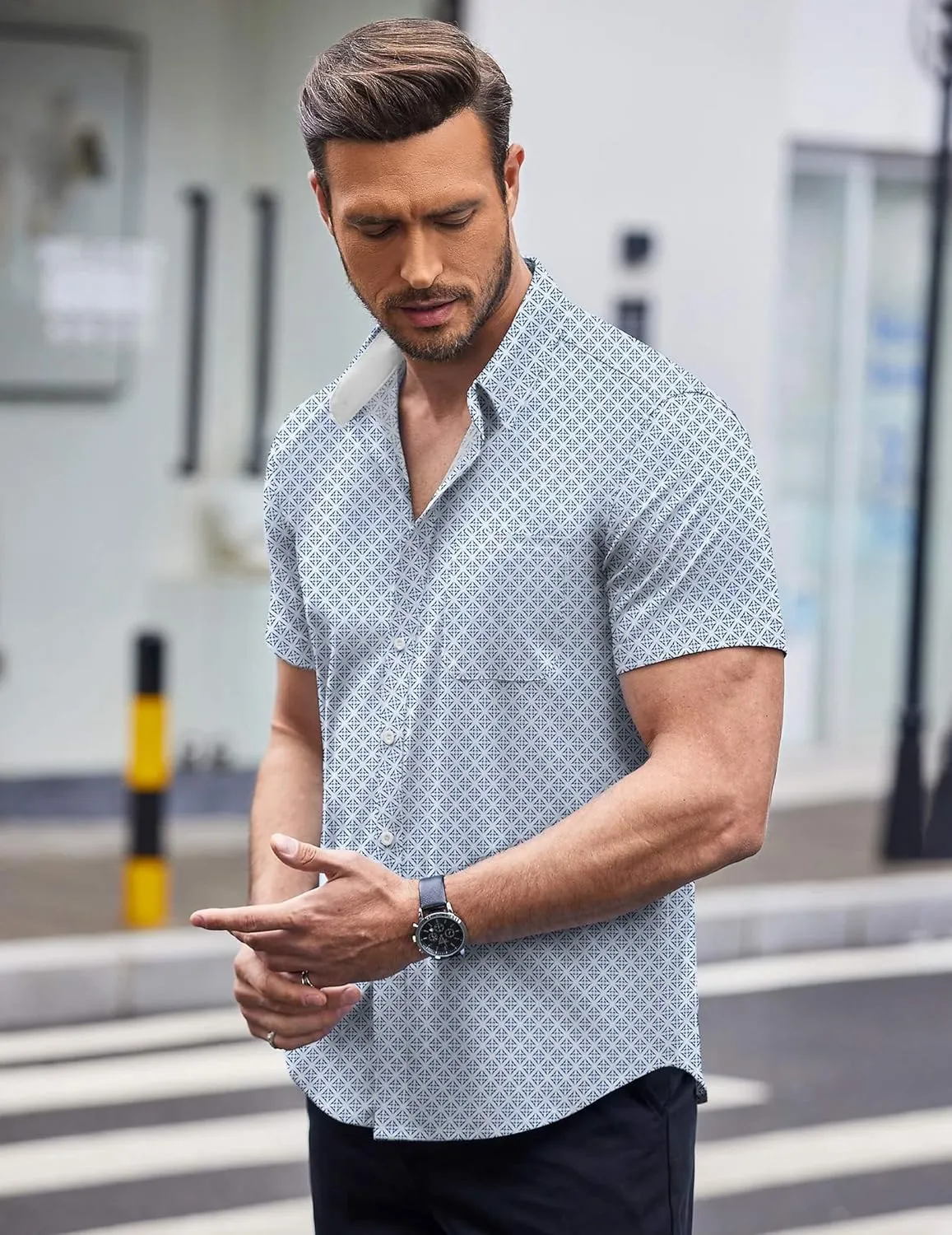 COOFANDY Mens Short Sleeve Button Down Shirts Wrinkle Free Dress Shirts Casual Polka Dot Print Shirt with Pocket