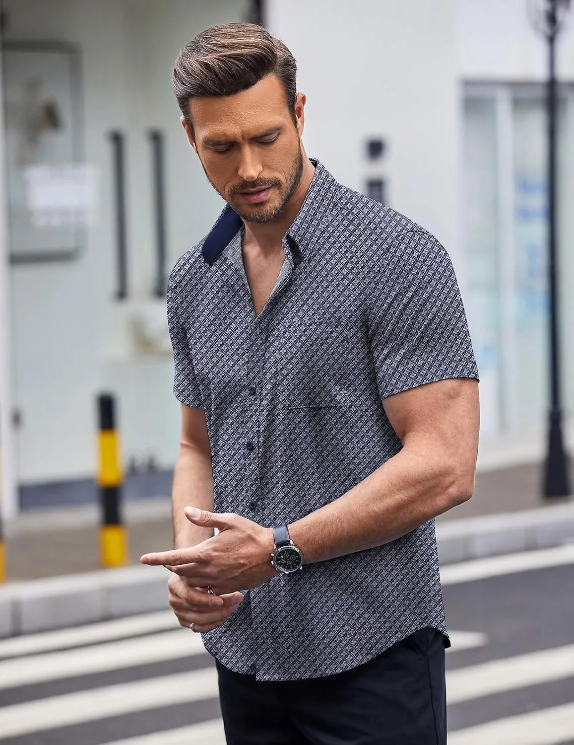 COOFANDY Mens Short Sleeve Button Down Shirts Wrinkle Free Dress Shirts Casual Polka Dot Print Shirt with Pocket