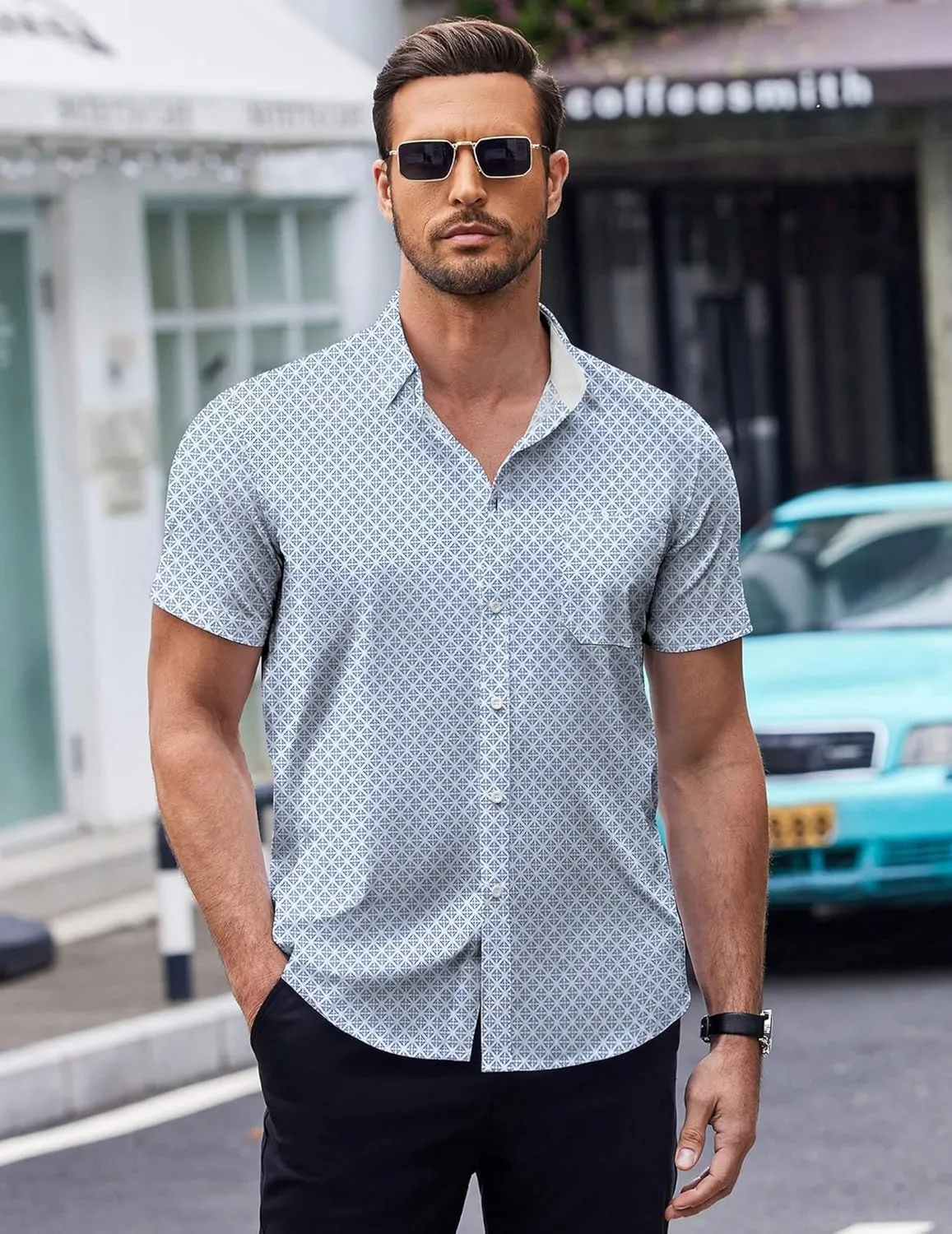 COOFANDY Mens Short Sleeve Button Down Shirts Wrinkle Free Dress Shirts Casual Polka Dot Print Shirt with Pocket
