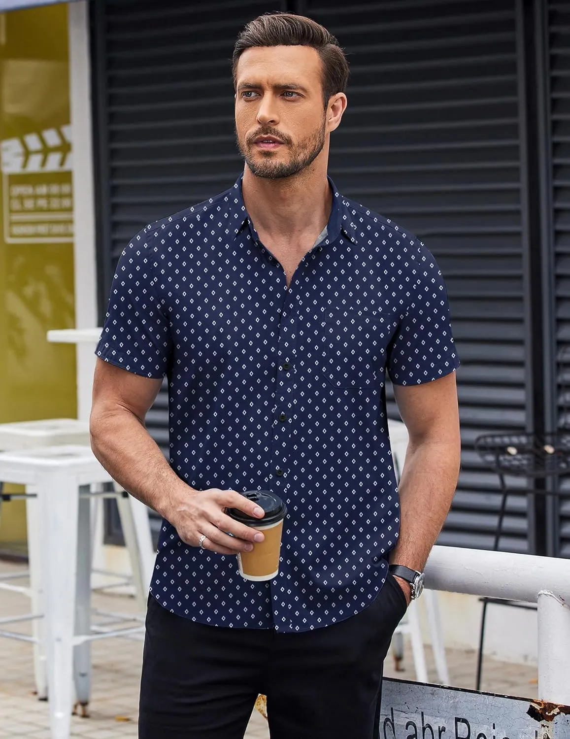 COOFANDY Mens Short Sleeve Button Down Shirts Wrinkle Free Dress Shirts Casual Polka Dot Print Shirt with Pocket