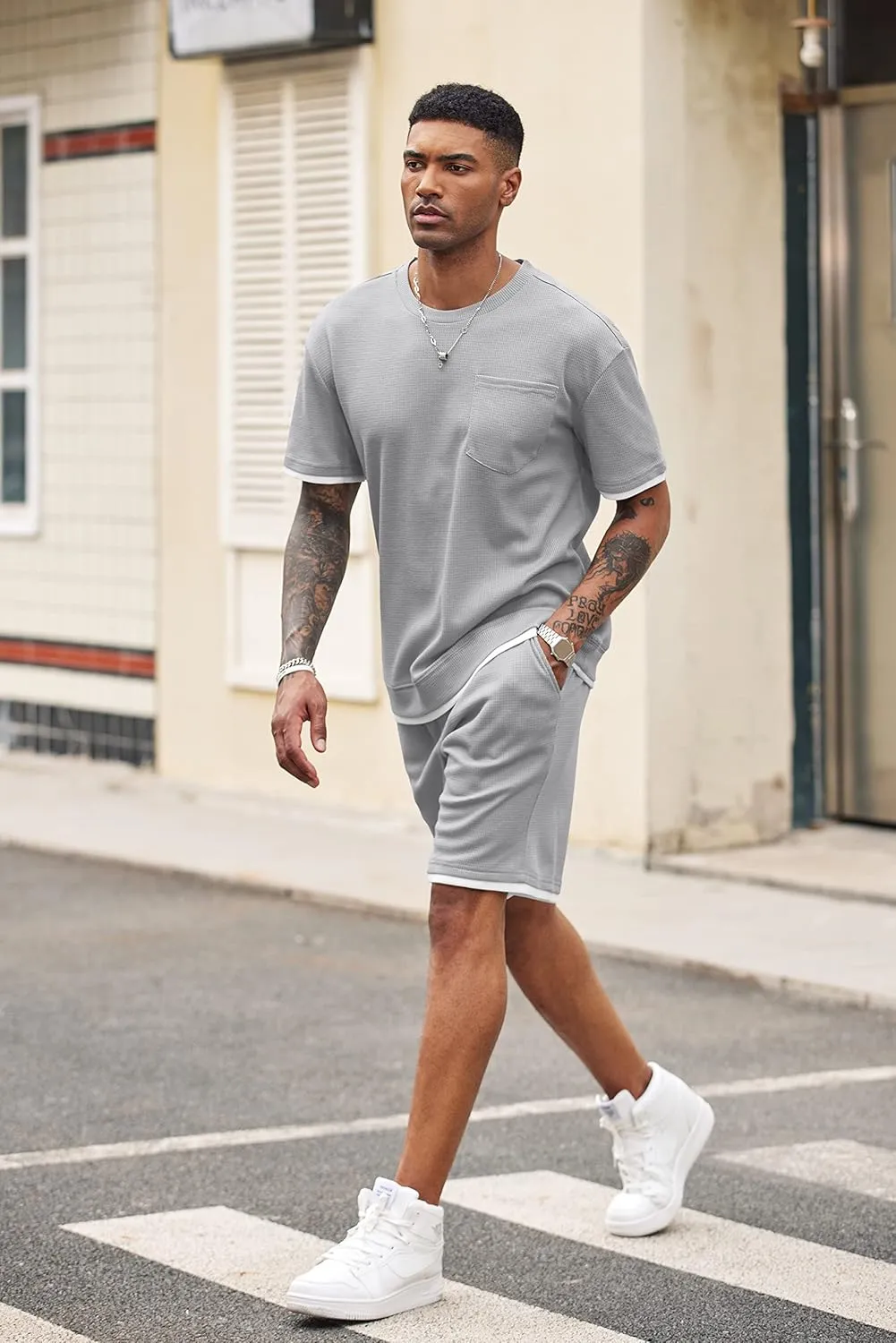 COOFANDY Men's Waffle Shirt and Shorts Set 2 Piece Outfits Casual Summer Tracksuits Set with Pockets