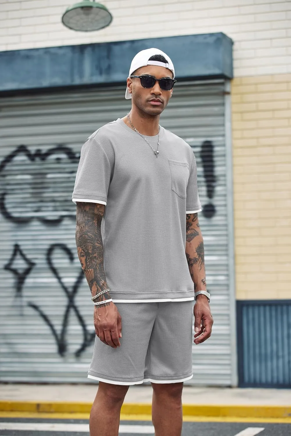 COOFANDY Men's Waffle Shirt and Shorts Set 2 Piece Outfits Casual Summer Tracksuits Set with Pockets