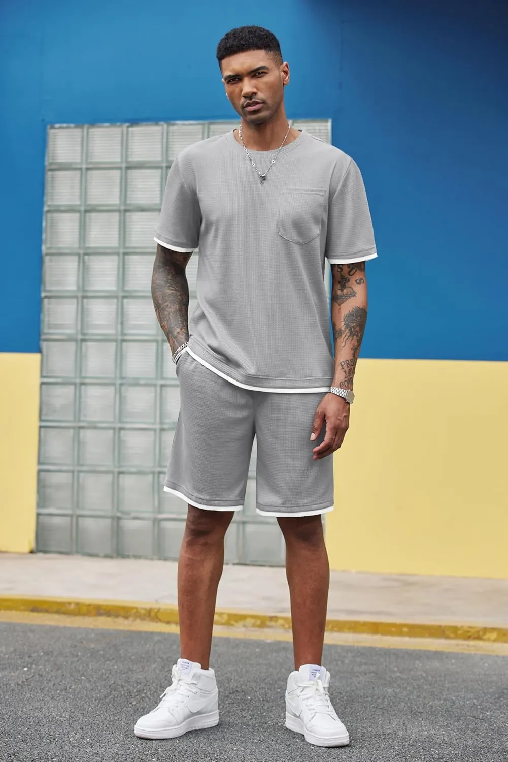 COOFANDY Men's Waffle Shirt and Shorts Set 2 Piece Outfits Casual Summer Tracksuits Set with Pockets