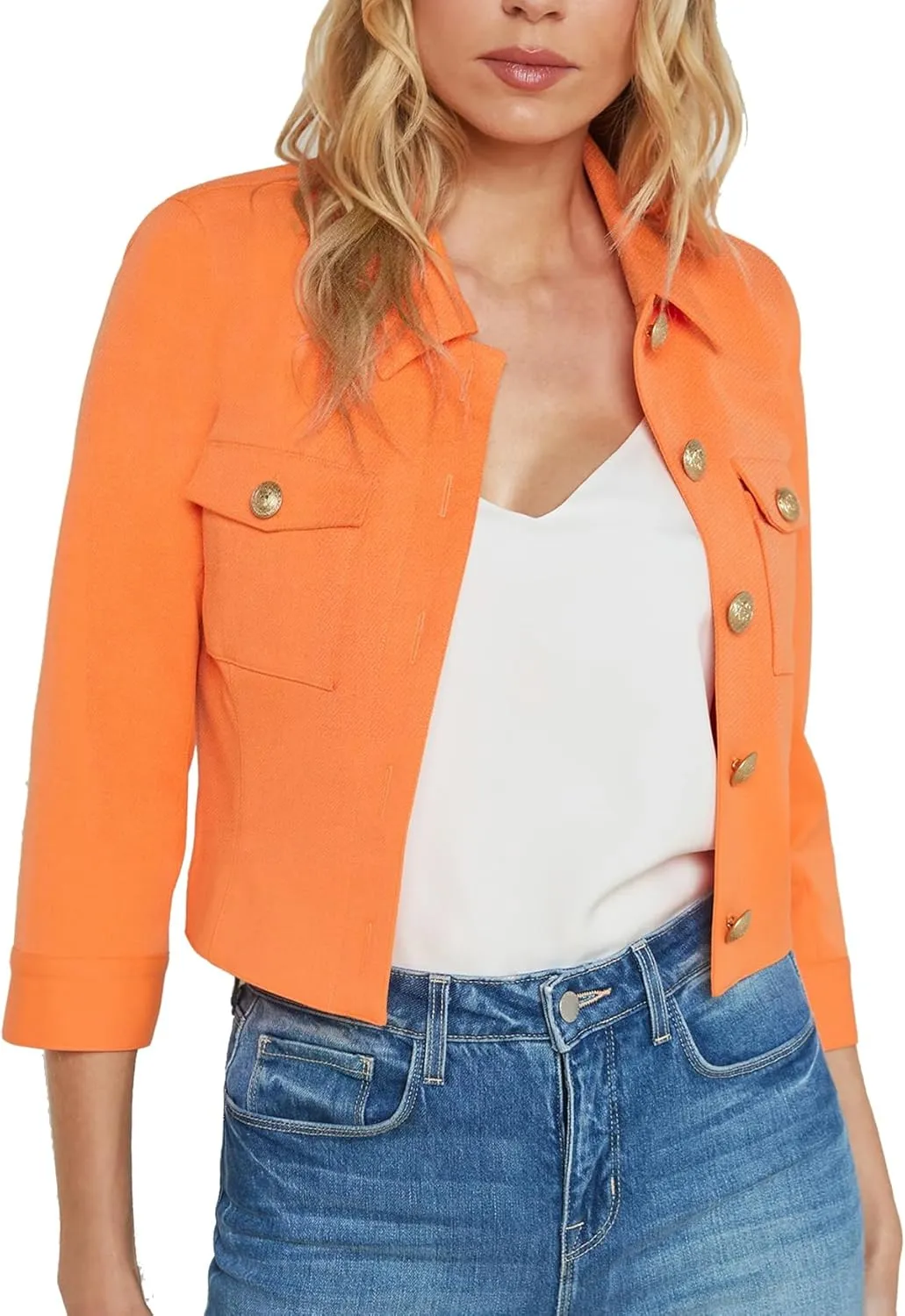 Cropped Summer Jacket for Women 3/4 Sleeve Open Front Casual Jacket Lightweight Button Down Outerwear with Pockets