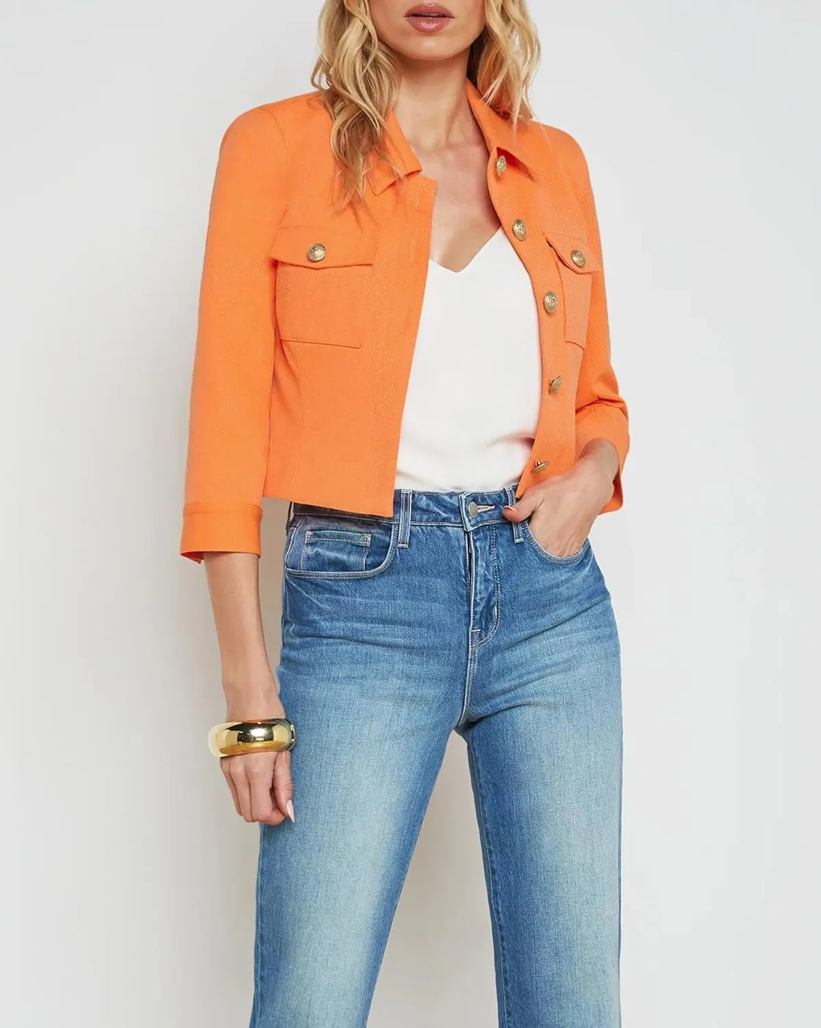 Cropped Summer Jacket for Women 3/4 Sleeve Open Front Casual Jacket Lightweight Button Down Outerwear with Pockets