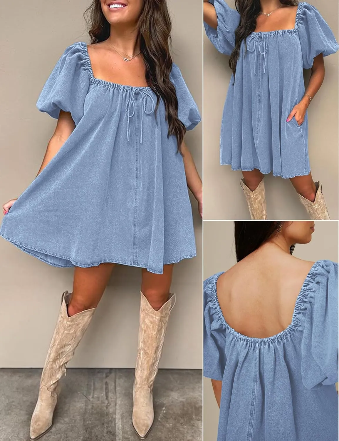 Denim Dress for Women, Puff Short Sleeve Jean Dress Square Neck Denim Romper with Pockets