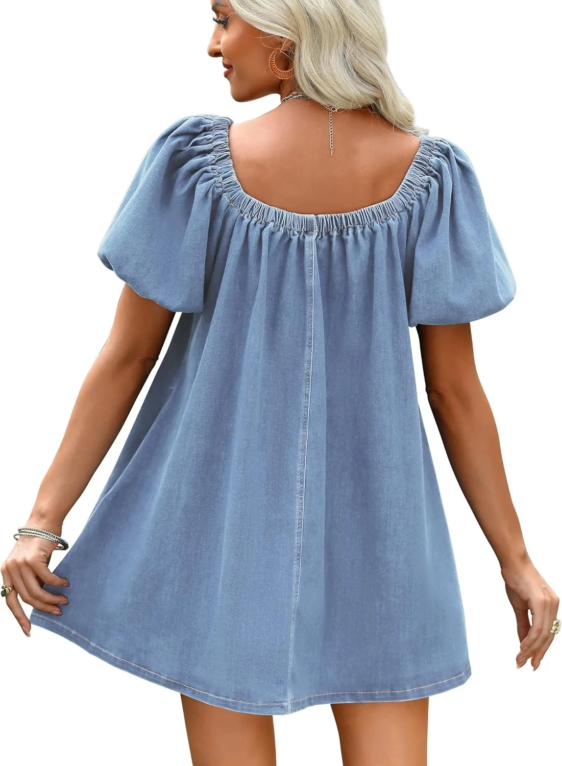Denim Dress for Women, Puff Short Sleeve Jean Dress Square Neck Denim Romper with Pockets