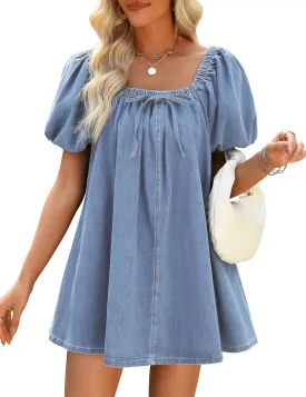 Denim Dress for Women, Puff Short Sleeve Jean Dress Square Neck Denim Romper with Pockets