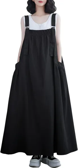 Denim Jumper Dress for Women Loose Version Baggy Style Maxi Length Adjustable Straps Wide Hemline