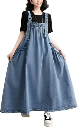Denim Jumper Dress for Women Loose Version Baggy Style Maxi Length Adjustable Straps Wide Hemline