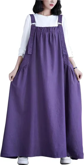 Denim Jumper Dress for Women Loose Version Baggy Style Maxi Length Adjustable Straps Wide Hemline