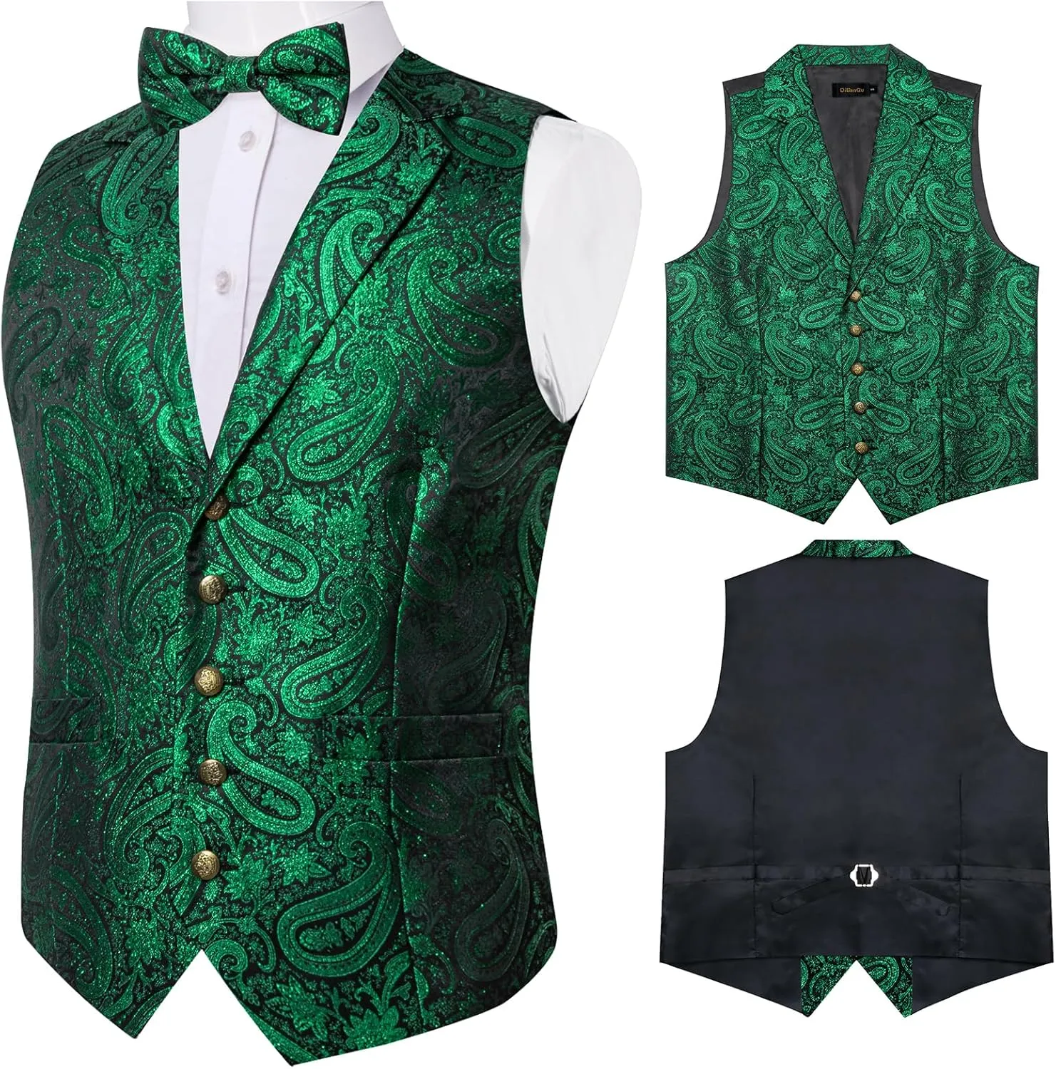 DiBanGu 5PCS Men's Suit Vest and Bow Tie Pocket Square Cufflinks Lapel Pin Set Shawl Collar Paisley Waistcoat Wedding Party