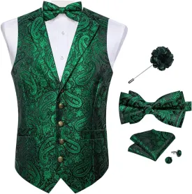 DiBanGu 5PCS Men's Suit Vest and Bow Tie Pocket Square Cufflinks Lapel Pin Set Shawl Collar Paisley Waistcoat Wedding Party