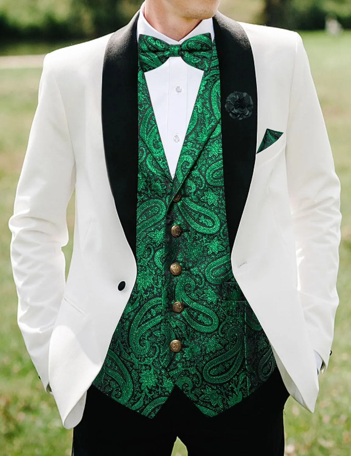 DiBanGu 5PCS Men's Suit Vest and Bow Tie Pocket Square Cufflinks Lapel Pin Set Shawl Collar Paisley Waistcoat Wedding Party