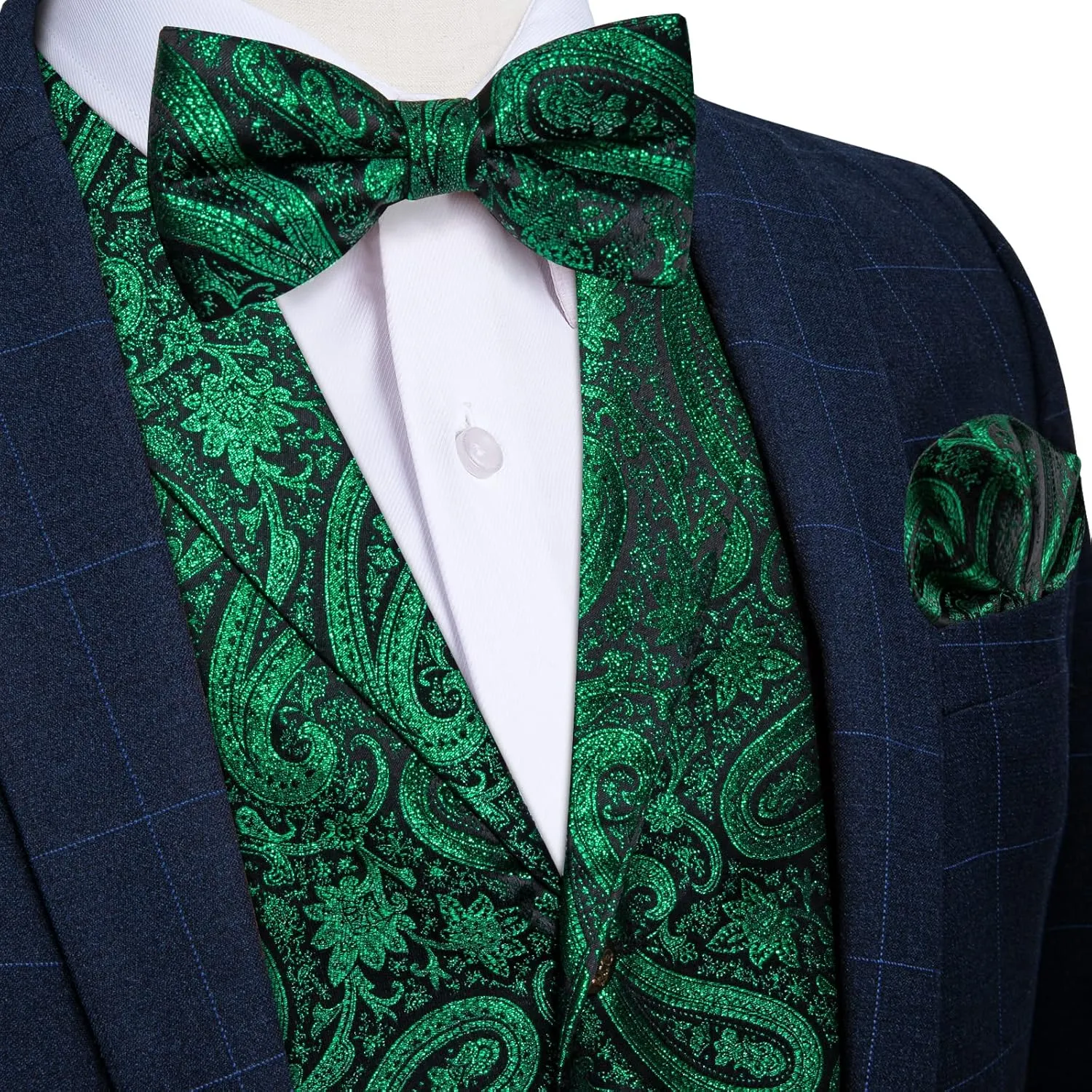 DiBanGu 5PCS Men's Suit Vest and Bow Tie Pocket Square Cufflinks Lapel Pin Set Shawl Collar Paisley Waistcoat Wedding Party
