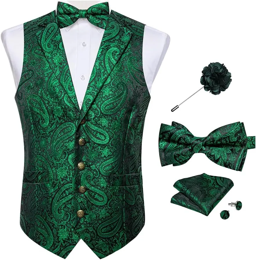 DiBanGu 5PCS Men's Suit Vest and Bow Tie Pocket Square Cufflinks Lapel Pin Set Shawl Collar Paisley Waistcoat Wedding Party