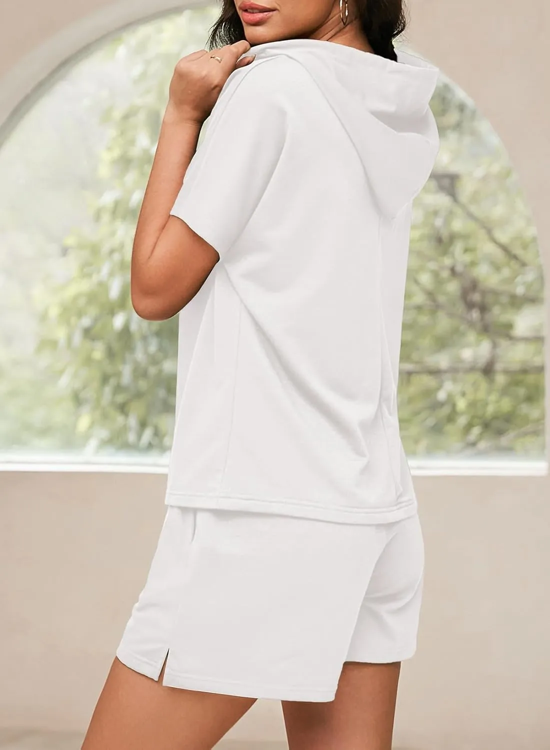 Dokotoo Women's 2 Piece Outfits Summer Sweatsuit Short Sleeve Drawstring Hoodies and Lounge Sets With Pocket