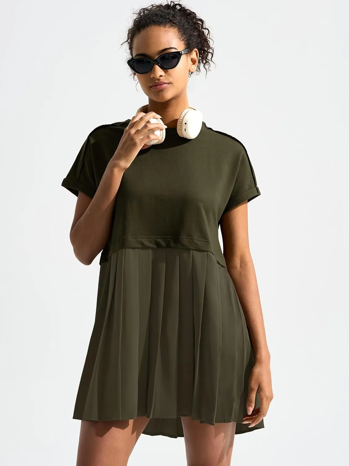 Dokuritu Sweatshirt Dress Women Crew Neck Long Sleeve Patchwork Pullover Tops Flowy Oversized Sweatshirt Mini Dress