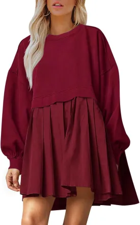 Dokuritu Sweatshirt Dress Women Crew Neck Long Sleeve Patchwork Pullover Tops Flowy Oversized Sweatshirt Mini Dress