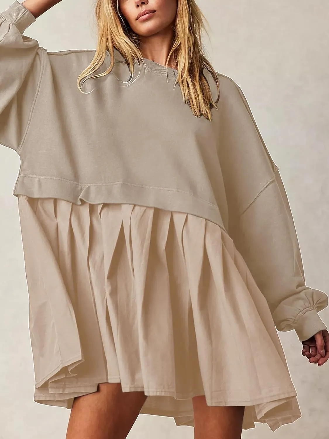 Dokuritu Sweatshirt Dress Women Crew Neck Long Sleeve Patchwork Pullover Tops Flowy Oversized Sweatshirt Mini Dress