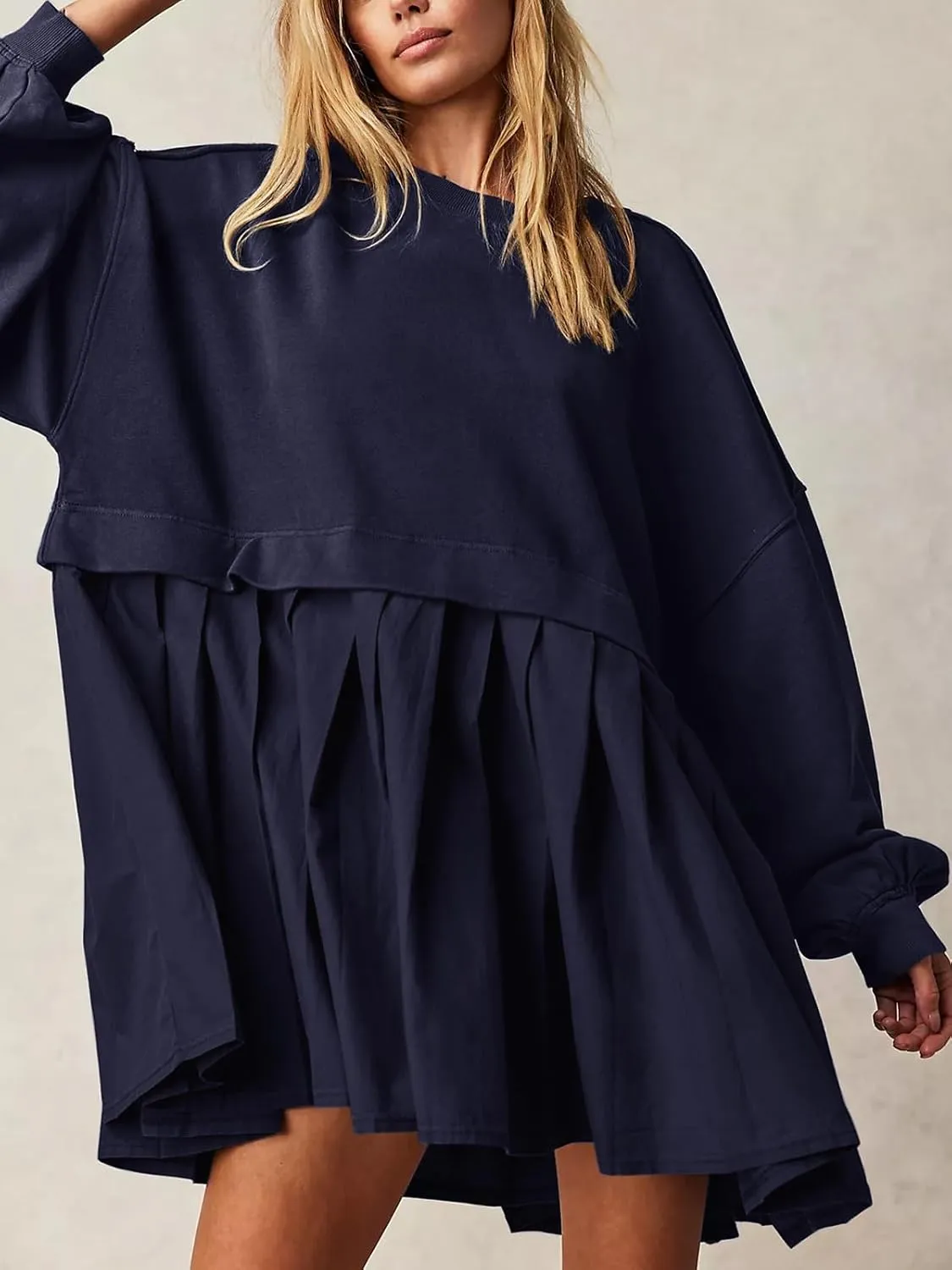 Dokuritu Sweatshirt Dress Women Crew Neck Long Sleeve Patchwork Pullover Tops Flowy Oversized Sweatshirt Mini Dress