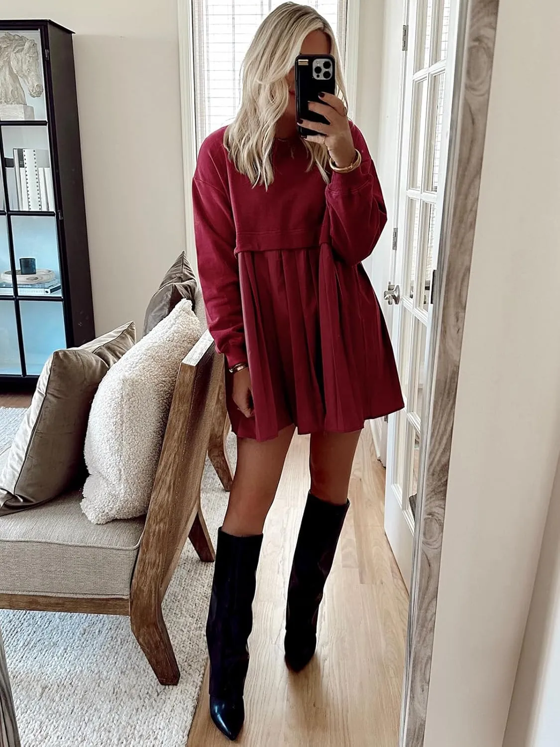 Dokuritu Sweatshirt Dress Women Crew Neck Long Sleeve Patchwork Pullover Tops Flowy Oversized Sweatshirt Mini Dress
