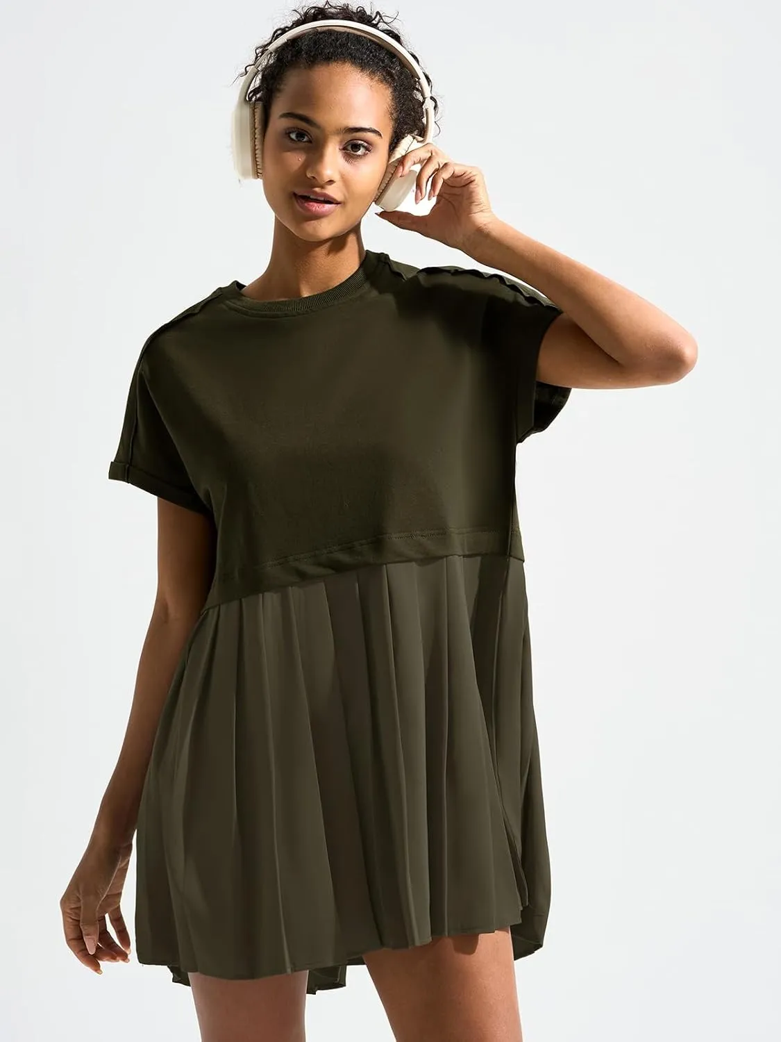 Dokuritu Sweatshirt Dress Women Crew Neck Long Sleeve Patchwork Pullover Tops Flowy Oversized Sweatshirt Mini Dress
