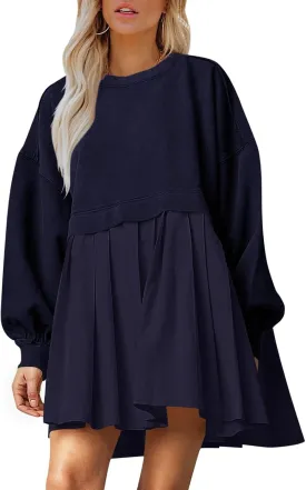 Dokuritu Sweatshirt Dress Women Crew Neck Long Sleeve Patchwork Pullover Tops Flowy Oversized Sweatshirt Mini Dress