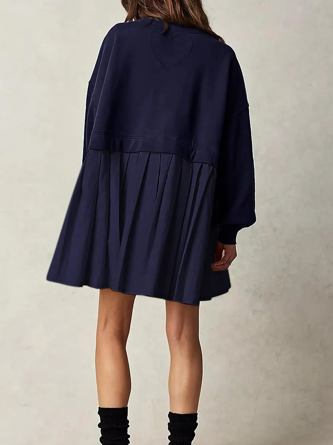 Dokuritu Sweatshirt Dress Women Crew Neck Long Sleeve Patchwork Pullover Tops Flowy Oversized Sweatshirt Mini Dress