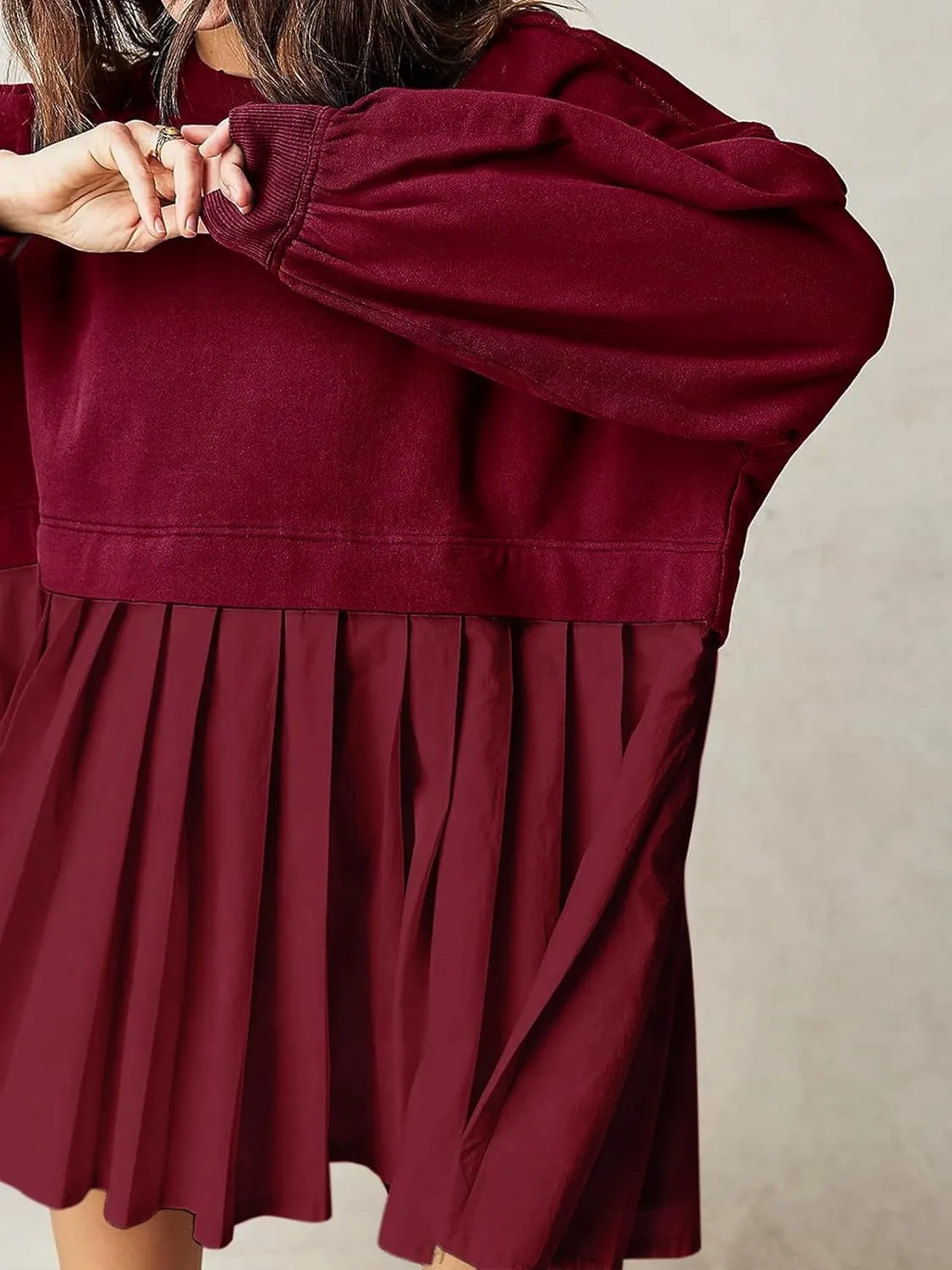 Dokuritu Sweatshirt Dress Women Crew Neck Long Sleeve Patchwork Pullover Tops Flowy Oversized Sweatshirt Mini Dress