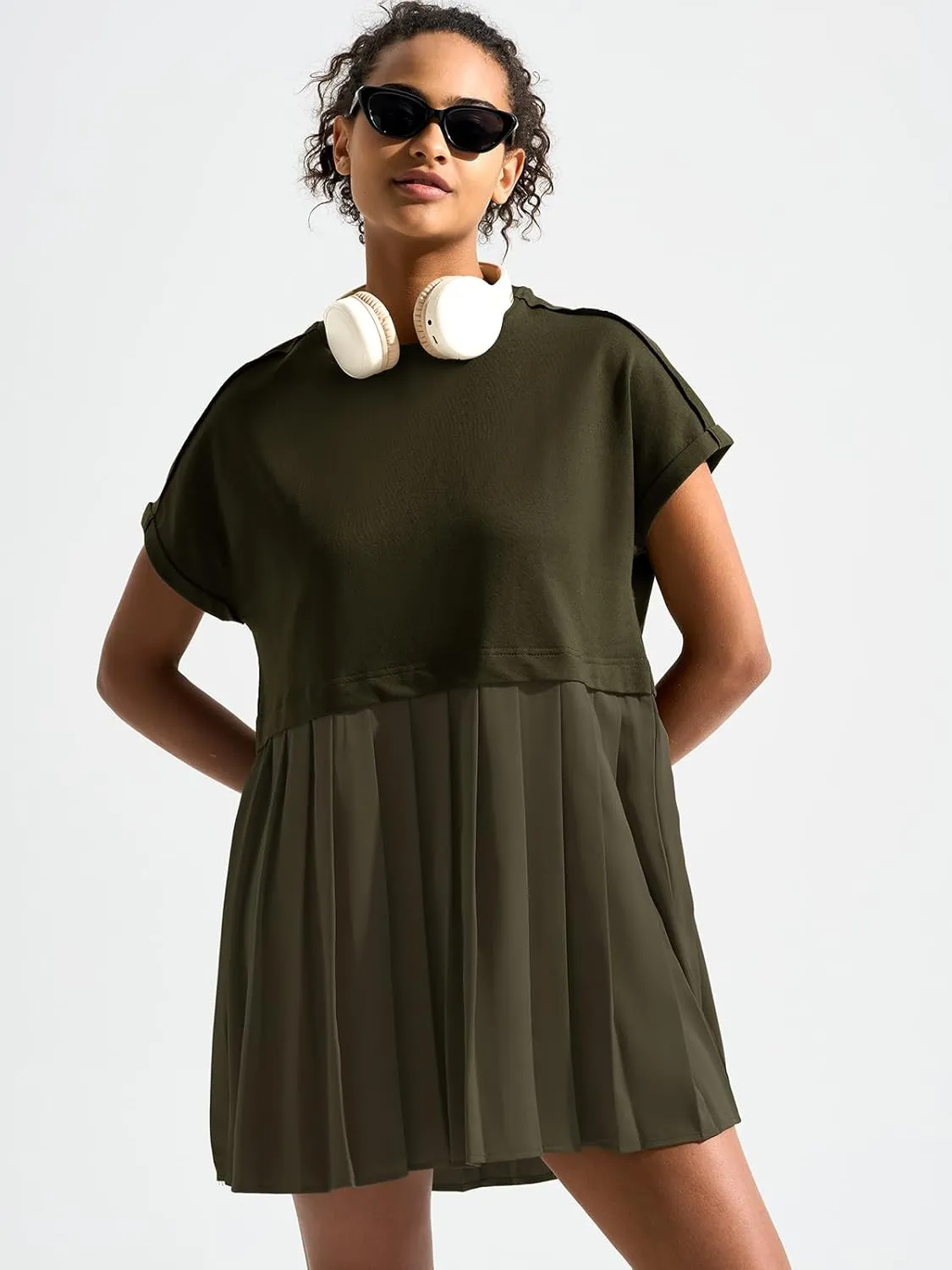 Dokuritu Sweatshirt Dress Women Crew Neck Long Sleeve Patchwork Pullover Tops Flowy Oversized Sweatshirt Mini Dress