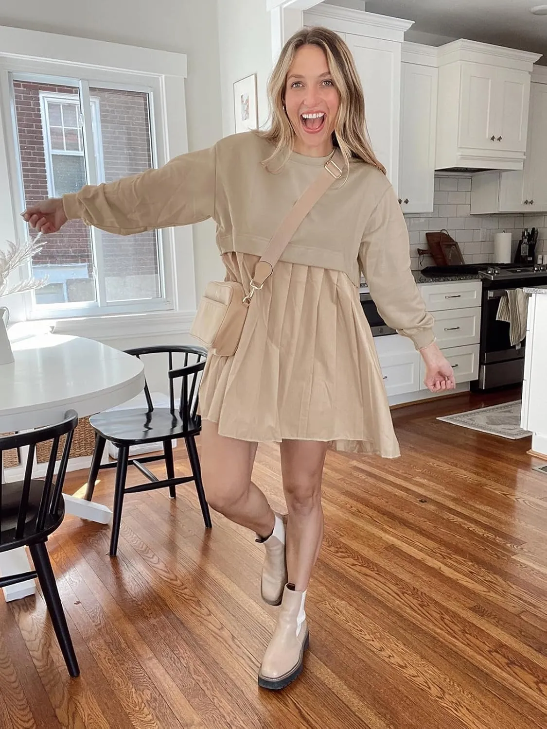 Dokuritu Sweatshirt Dress Women Crew Neck Long Sleeve Patchwork Pullover Tops Flowy Oversized Sweatshirt Mini Dress
