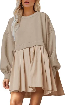 Dokuritu Sweatshirt Dress Women Crew Neck Long Sleeve Patchwork Pullover Tops Flowy Oversized Sweatshirt Mini Dress