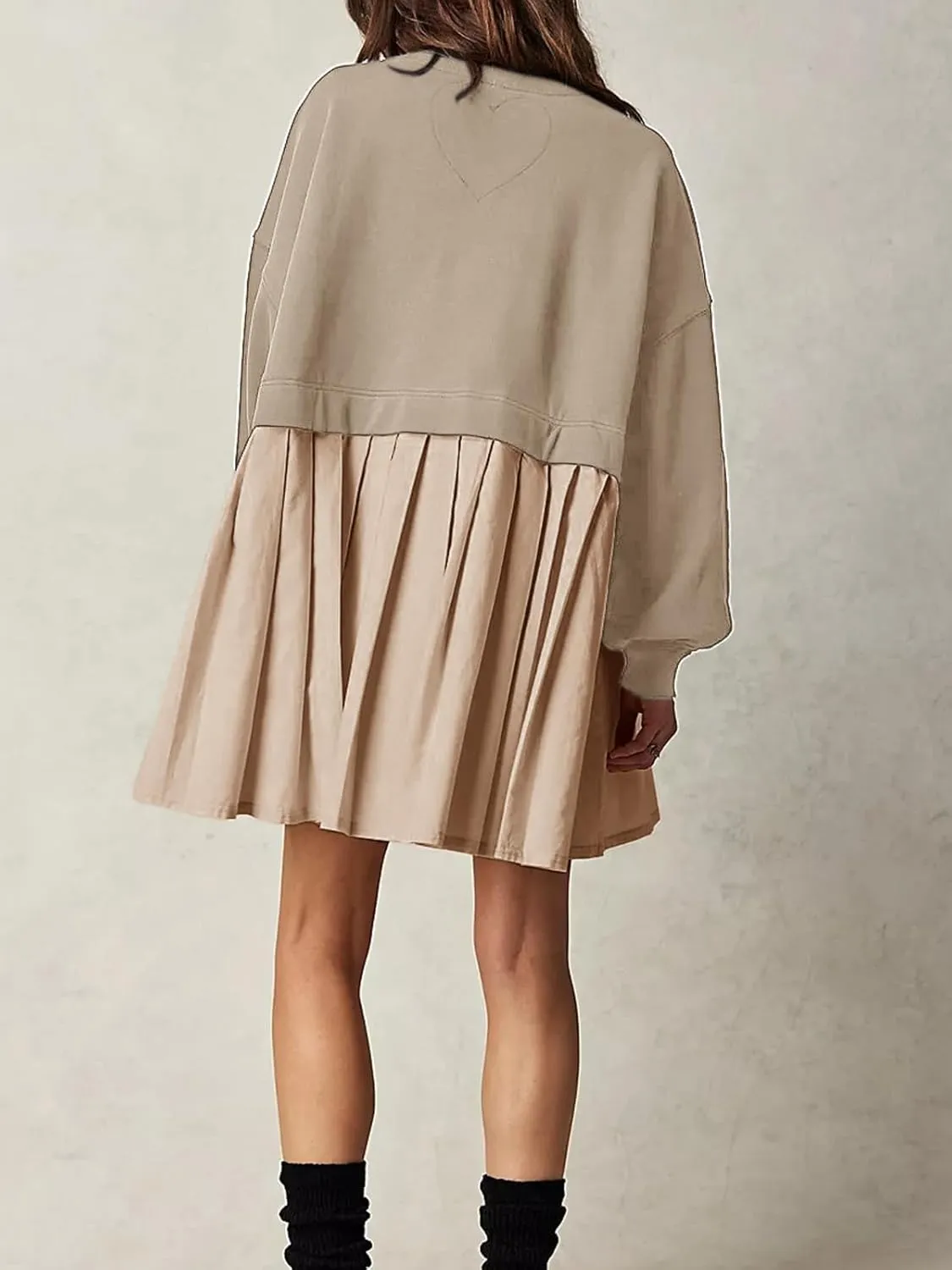 Dokuritu Sweatshirt Dress Women Crew Neck Long Sleeve Patchwork Pullover Tops Flowy Oversized Sweatshirt Mini Dress