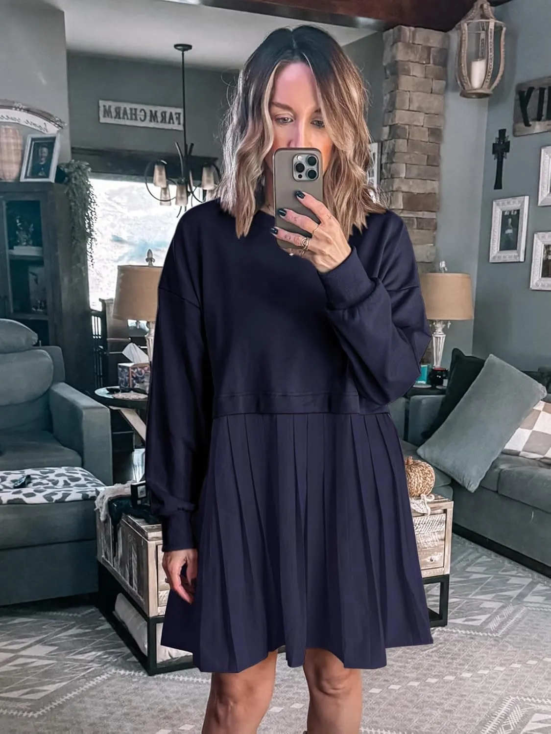Dokuritu Sweatshirt Dress Women Crew Neck Long Sleeve Patchwork Pullover Tops Flowy Oversized Sweatshirt Mini Dress